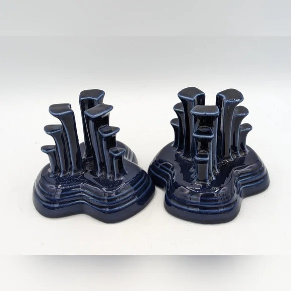 Vintage Fiesta Ware Cobalt Blue Tripod Skyscraper Pair of Candle Holders
